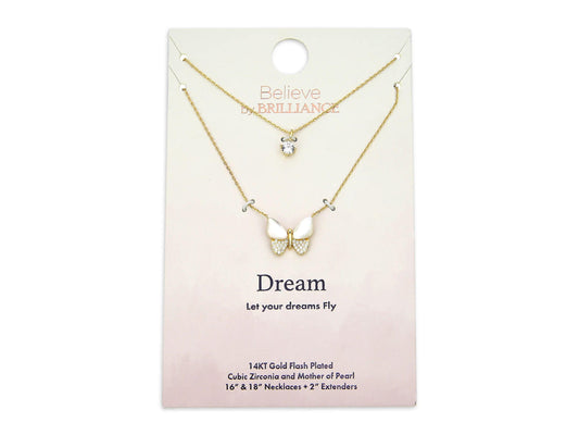 Mother of Pearl & Cubic Zirconia Butterfly Necklaces in 14KT Gold Flash Plated.