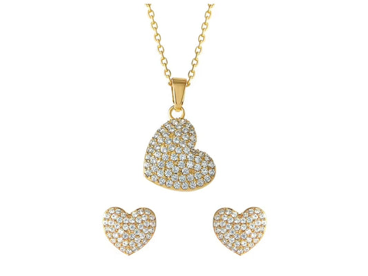 Women's 14kt Gold Flash Plated Cubic Zirconia Heart Earring and Pendant Set, 16" + 2"