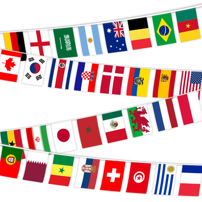 48-country world flags bunting banner strung across an event space