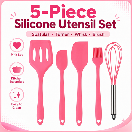 5-Piece Silicone Kitchen Utensil Set — Spatula, Turner, Whisk & Brush