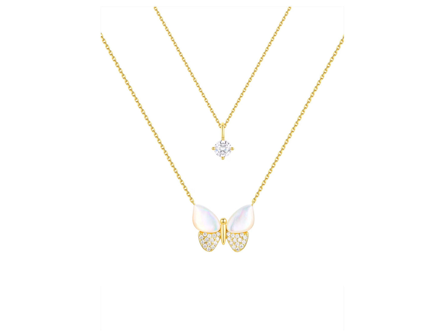 Mother of Pearl & Cubic Zirconia Butterfly Necklaces in 14KT Gold Flash Plated.