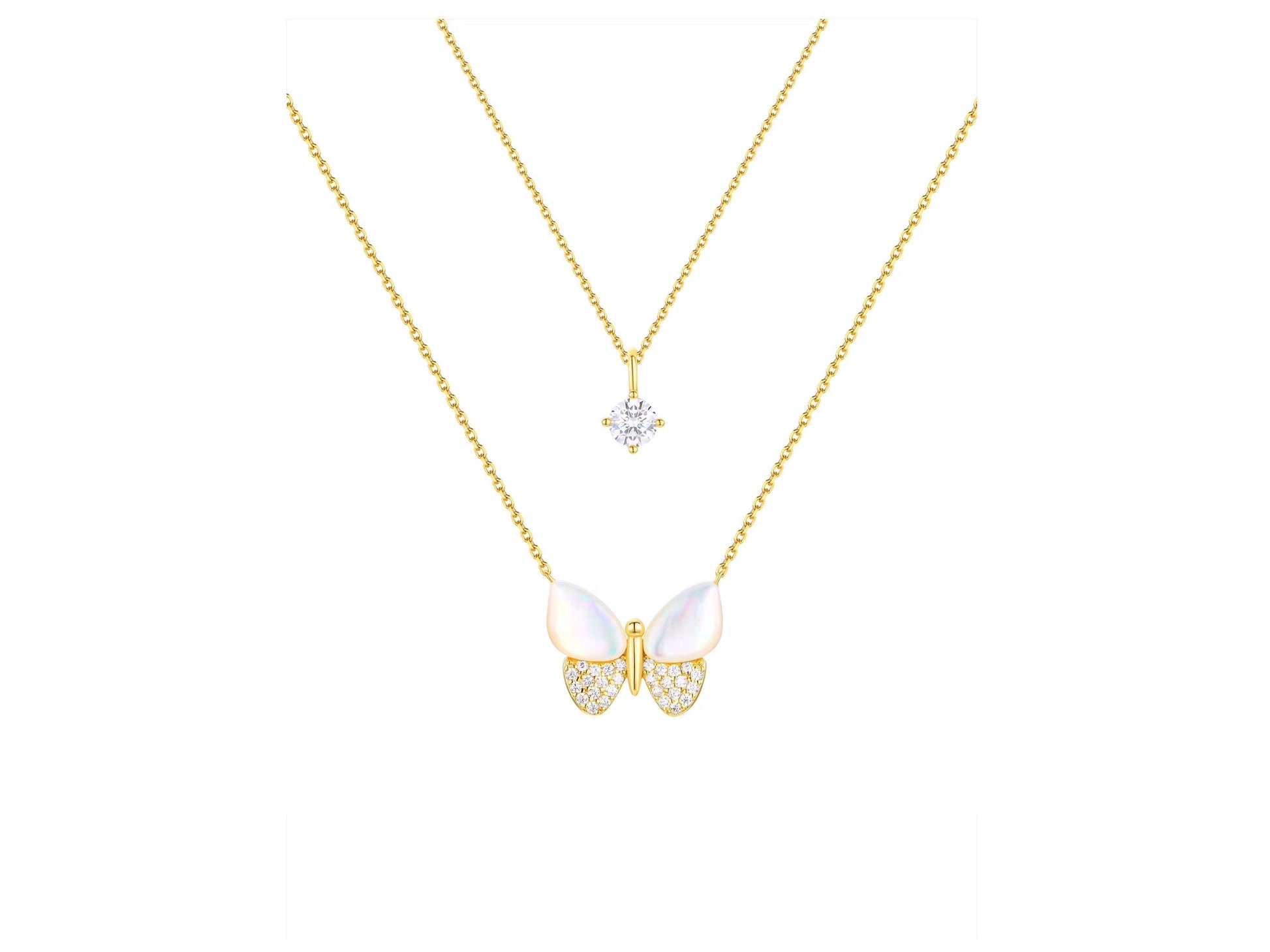 Mother of Pearl & Cubic Zirconia Butterfly Necklaces in 14KT Gold Flash Plated.