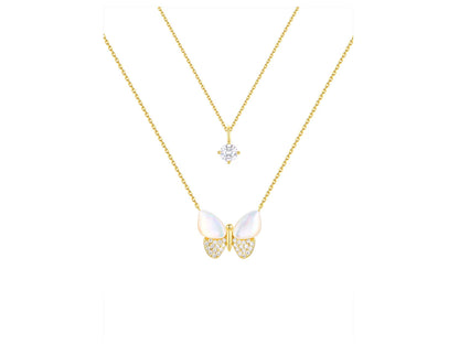 Mother of Pearl & Cubic Zirconia Butterfly Necklaces in 14KT Gold Flash Plated.