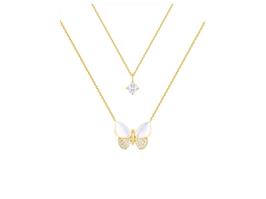 Mother of Pearl & Cubic Zirconia Butterfly Necklaces in 14KT Gold Flash Plated.