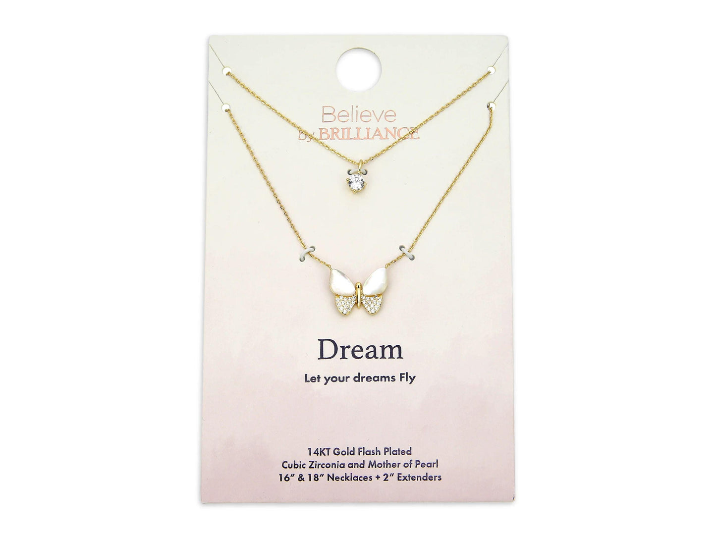Mother of Pearl & Cubic Zirconia Butterfly Necklaces in 14KT Gold Flash Plated.