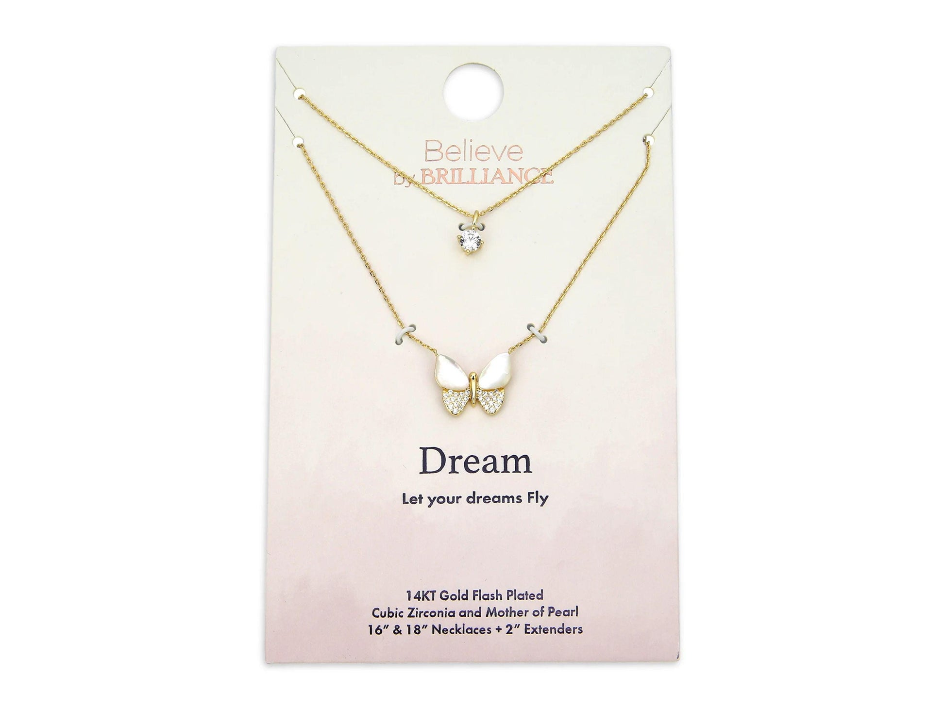 Mother of Pearl & Cubic Zirconia Butterfly Necklaces in 14KT Gold Flash Plated.