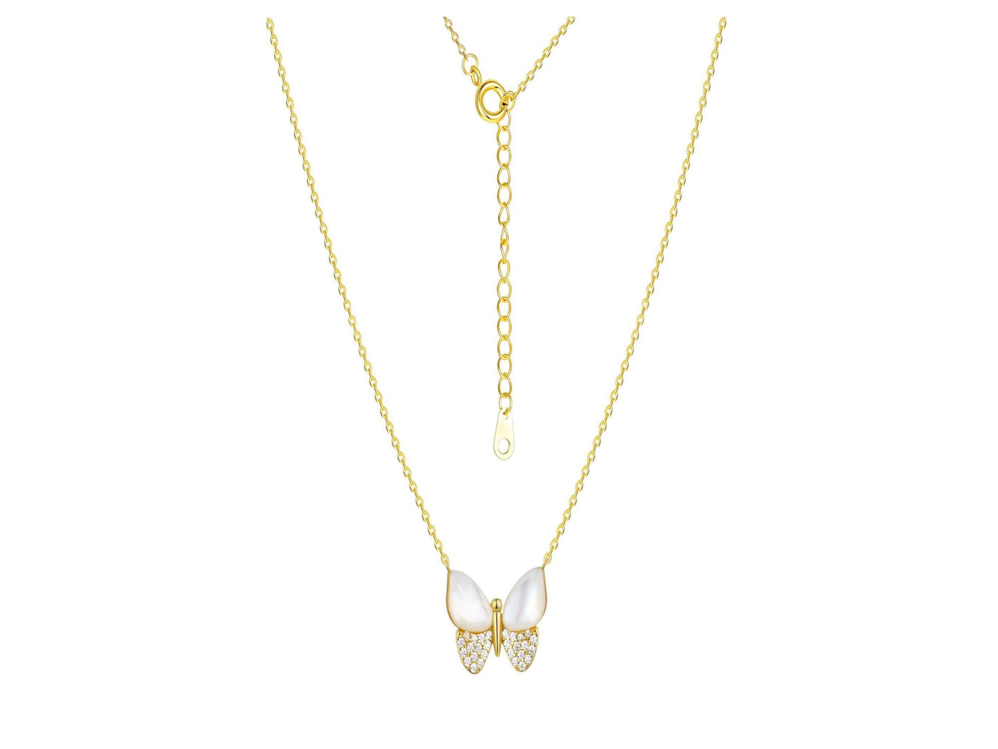 Mother of Pearl & Cubic Zirconia Butterfly Necklaces in 14KT Gold Flash Plated.