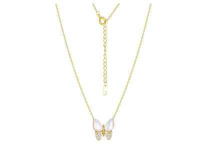 Mother of Pearl & Cubic Zirconia Butterfly Necklaces in 14KT Gold Flash Plated.