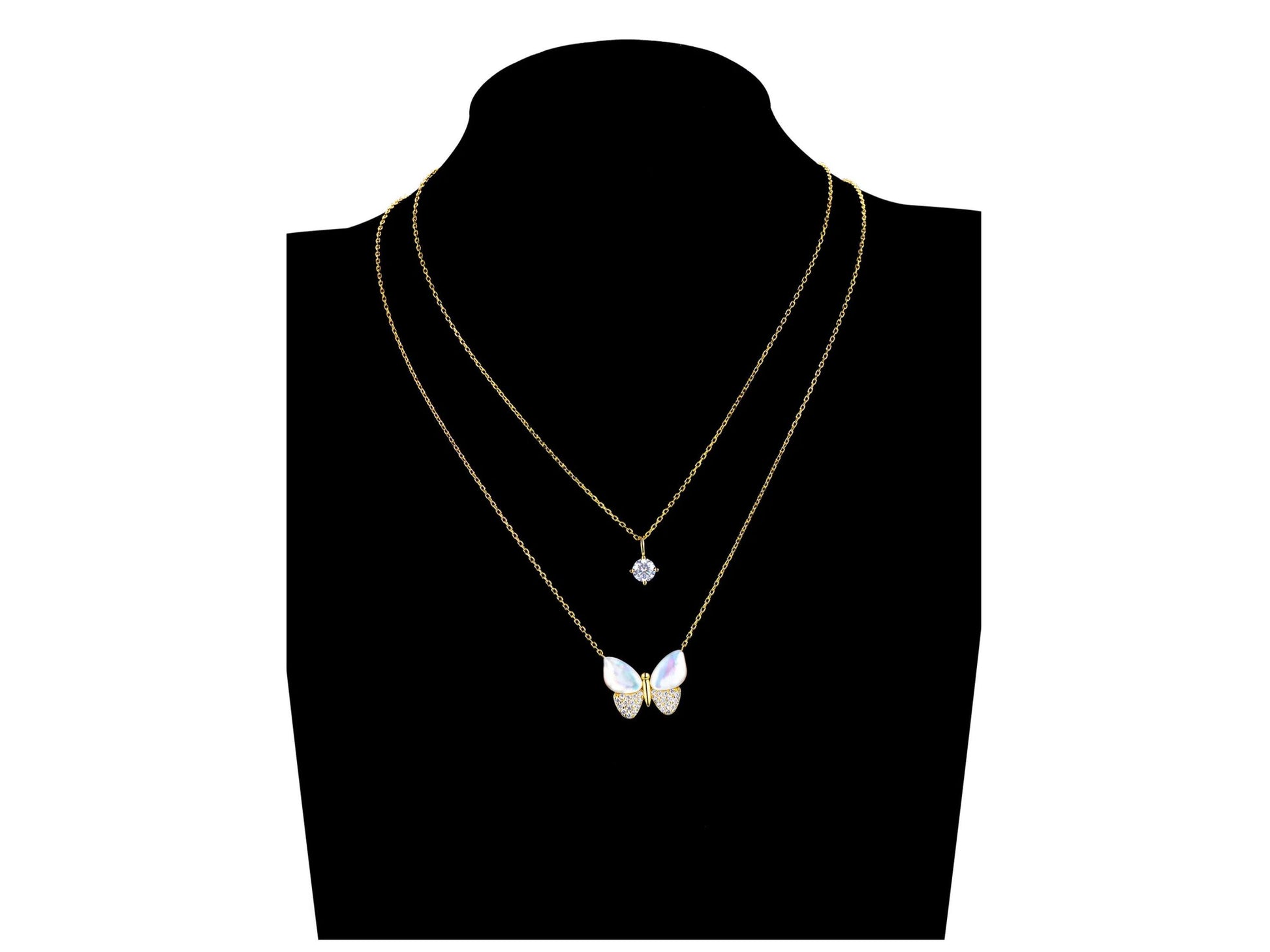 Mother of Pearl & Cubic Zirconia Butterfly Necklaces in 14KT Gold Flash Plated.
