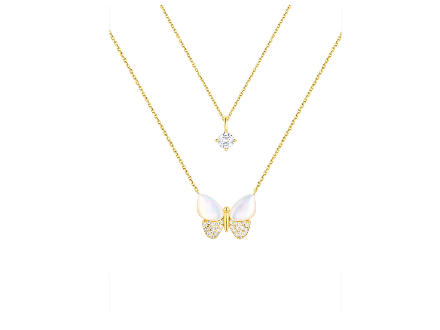 Mother of Pearl & Cubic Zirconia Butterfly Necklaces in 14KT Gold Flash Plated.