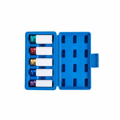 Blue case with six cylindrical containers on a wooden surface
