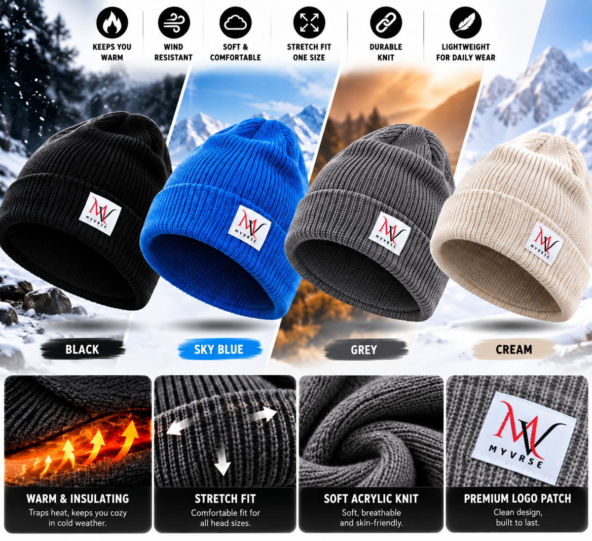 Winter Ribbed Knit Cuffed Beanie – Unisex Winter Hat