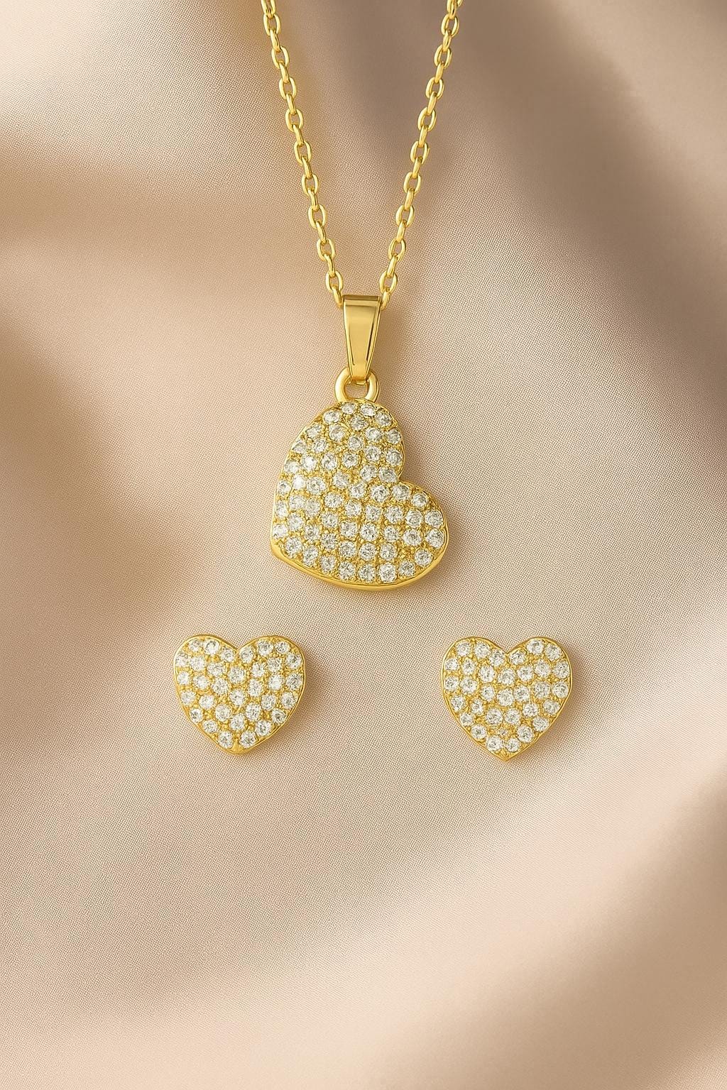 Women's 14kt Gold Flash Plated Cubic Zirconia Heart Earring and Pendant Set, 16" + 2"
