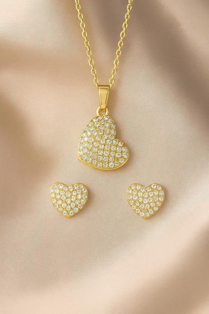 Women's 14kt Gold Flash Plated Cubic Zirconia Heart Earring and Pendant Set, 16" + 2"