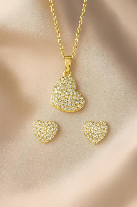Women's 14kt Gold Flash Plated Cubic Zirconia Heart Earring and Pendant Set, 16" + 2"