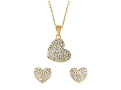 Women's 14kt Gold Flash Plated Cubic Zirconia Heart Earring and Pendant Set, 16" + 2"