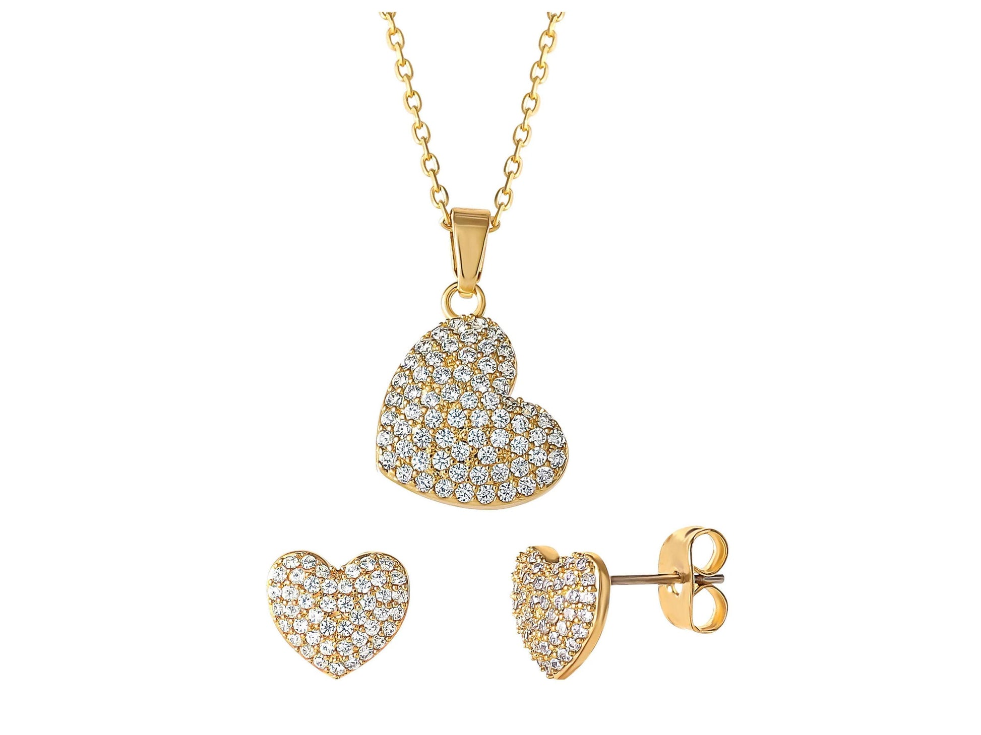 Women's 14kt Gold Flash Plated Cubic Zirconia Heart Earring and Pendant Set, 16" + 2"