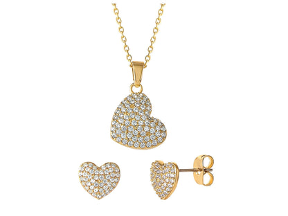 Women's 14kt Gold Flash Plated Cubic Zirconia Heart Earring and Pendant Set, 16" + 2"