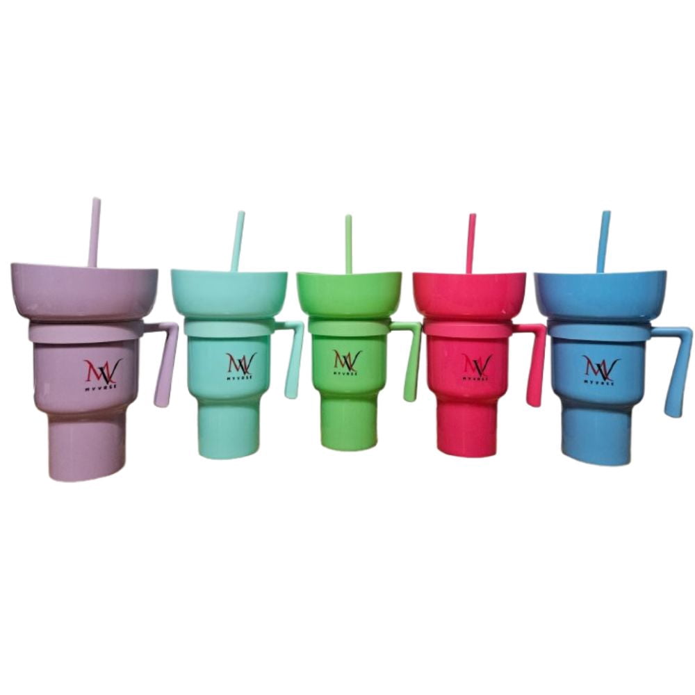 Assorted MYVRSE stadium tumbler colors with snack bowls and straws