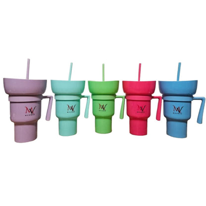 Assorted MYVRSE stadium tumbler colors with snack bowls and straws
