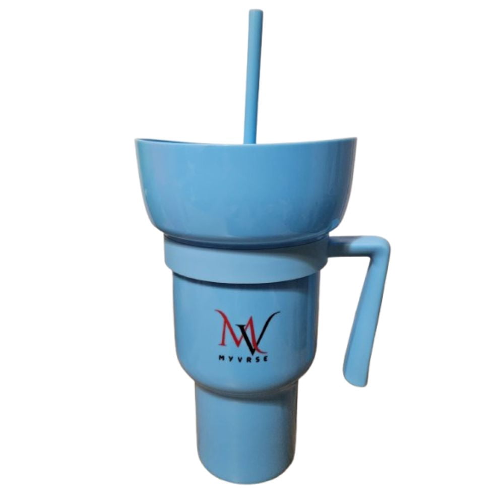 Blue MYVRSE stadium tumbler on a white background