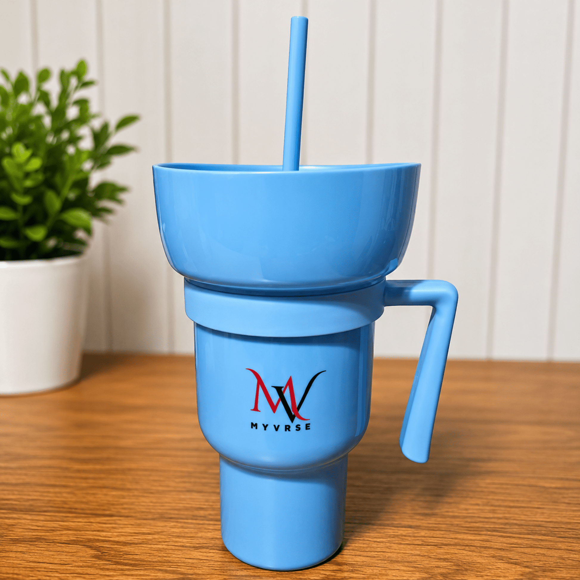 Blue MYVRSE stadium tumbler with snack bowl, lid, handle and straw