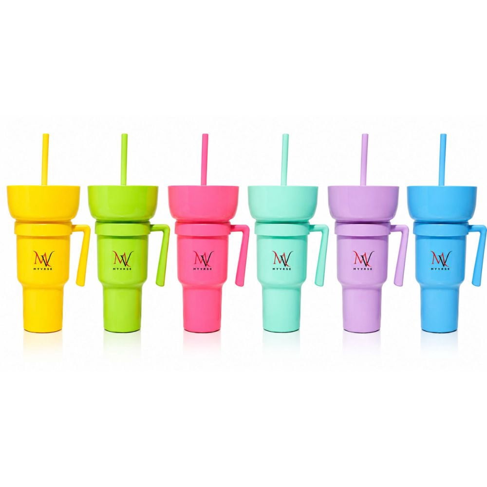 Six MYVRSE stadium tumbler color options with lids, handles and straws