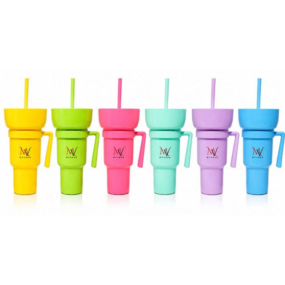 Six MYVRSE stadium tumbler color options with lids, handles and straws