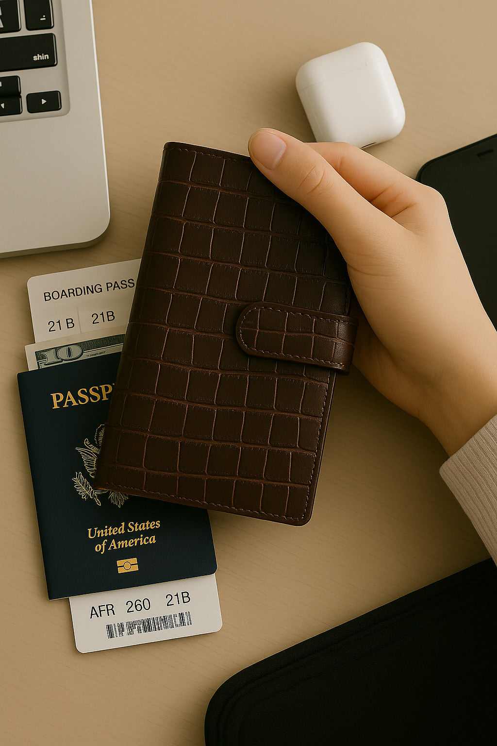 Croc-embossed leather travel clutch detail