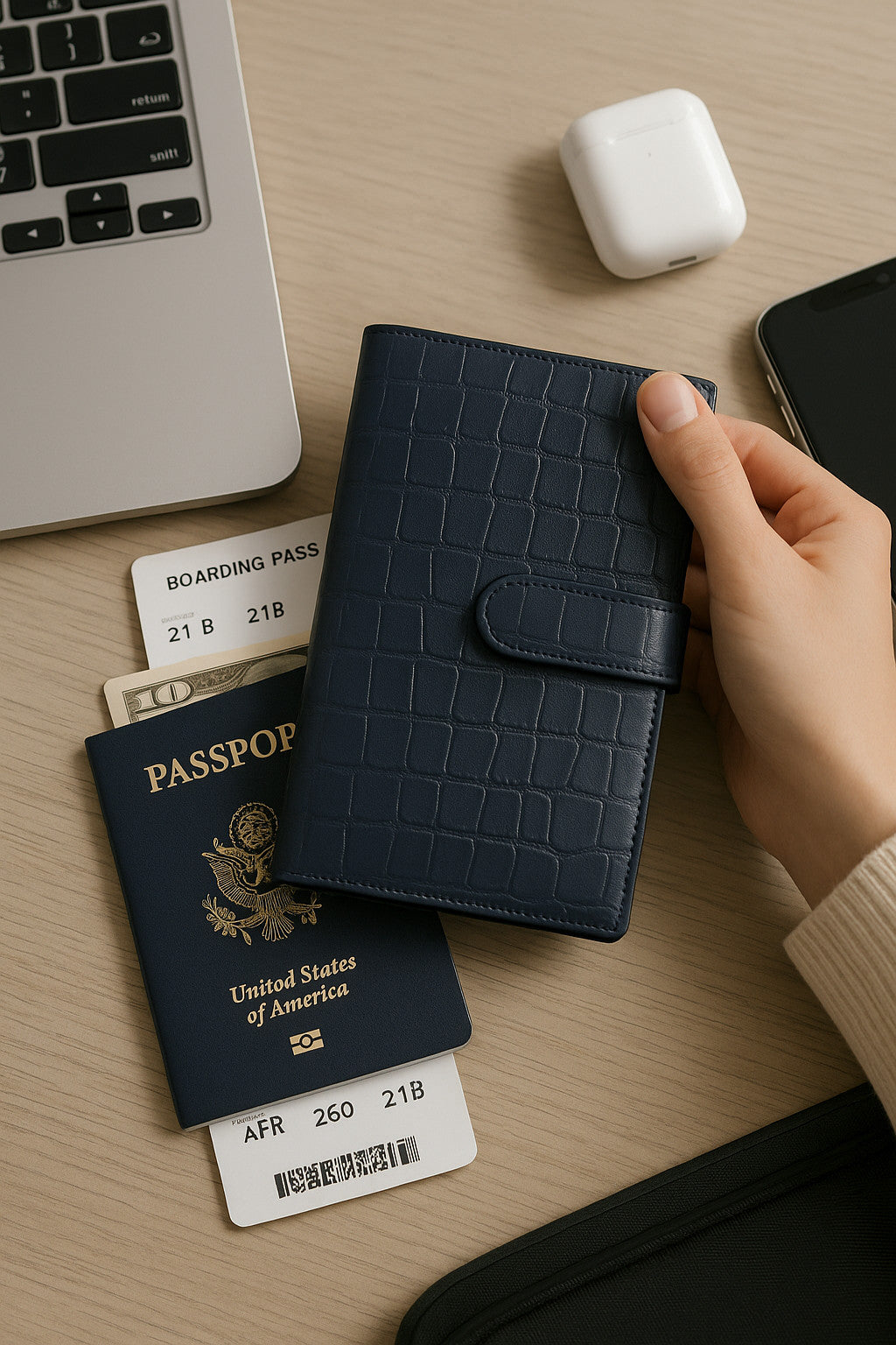 Croc-embossed leather travel clutch detail