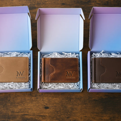 Three brown leather bifold wallets with money clip