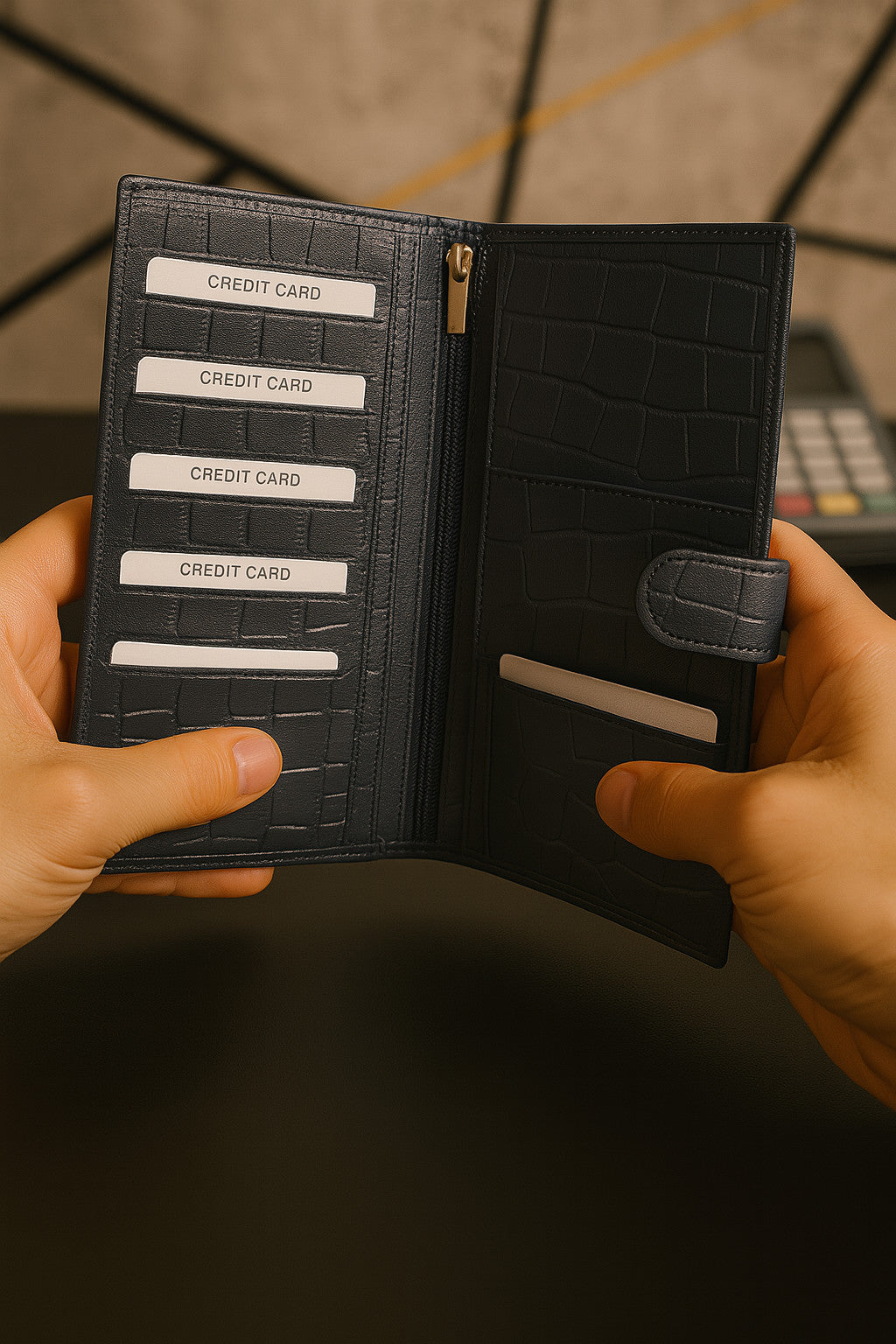 Croc-embossed leather travel clutch detail