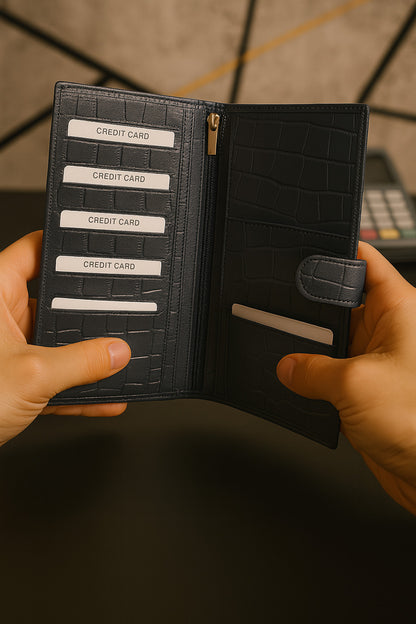 Croc-embossed leather travel clutch detail