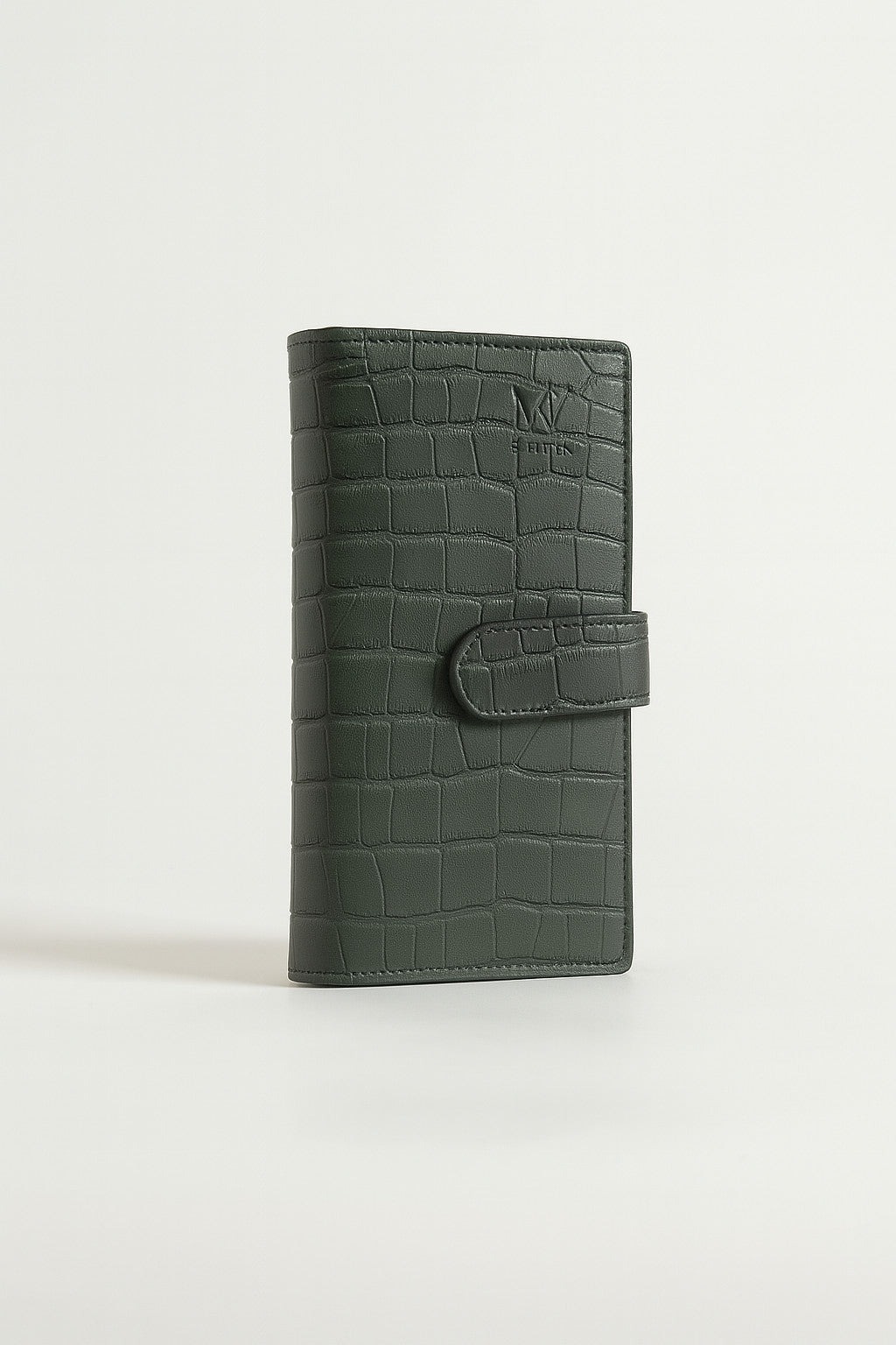 Croc-embossed leather travel clutch detail