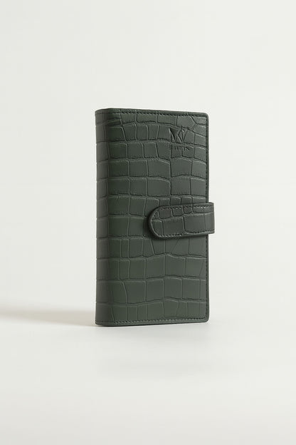 Croc-embossed leather travel clutch detail