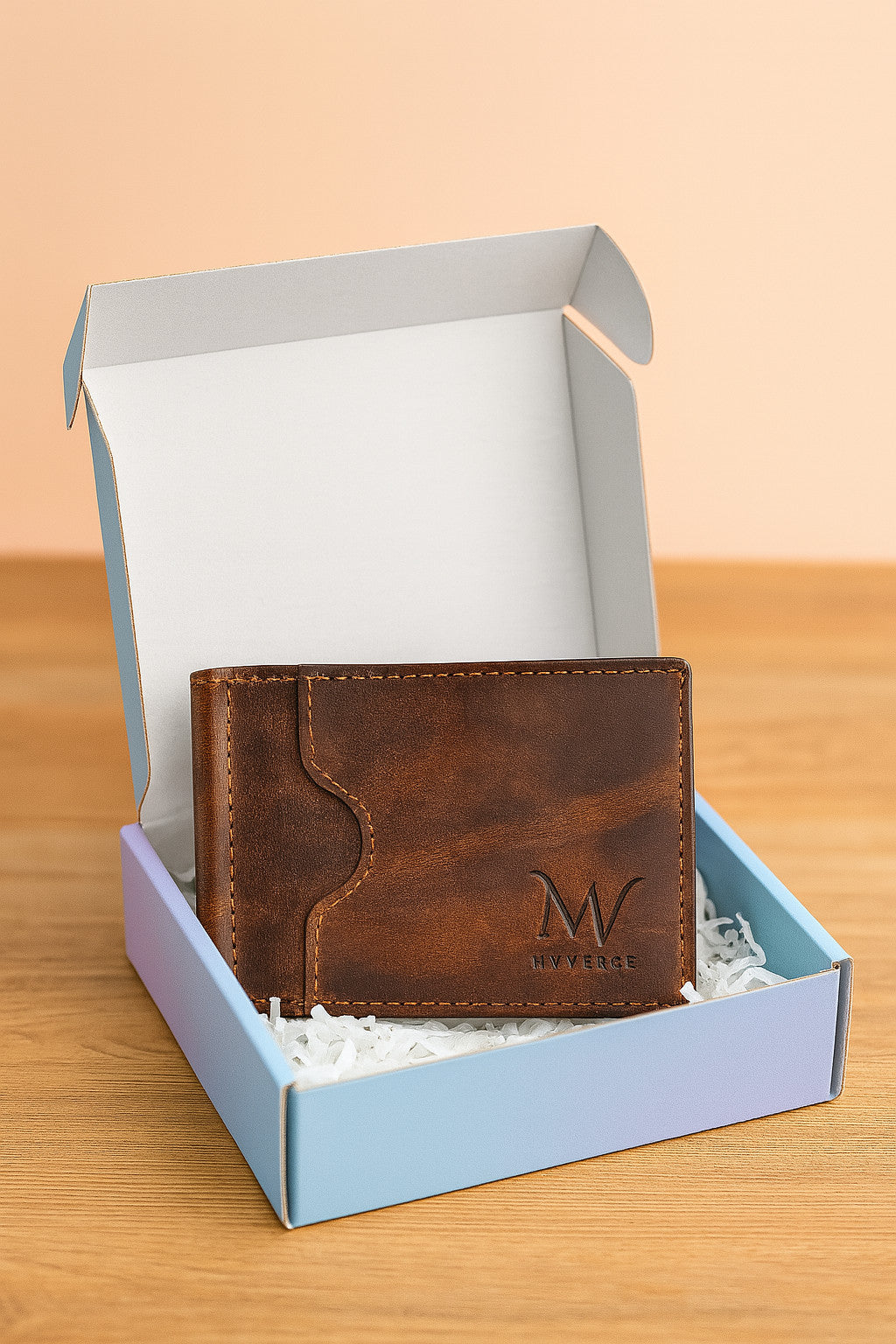 Brown leather bifold wallet with money clip in gift box