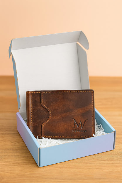 Brown leather bifold wallet with money clip in gift box