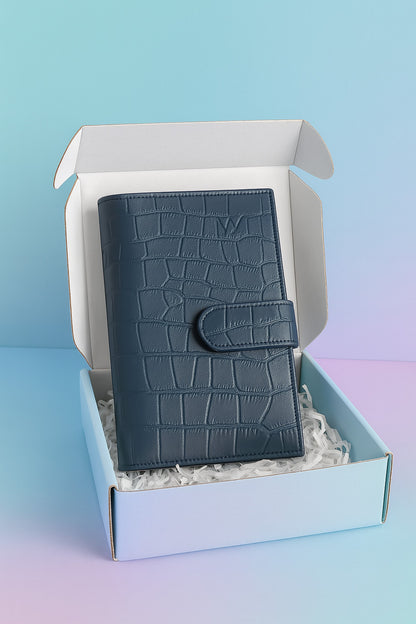 Navy croc-embossed leather travel clutch in gift box