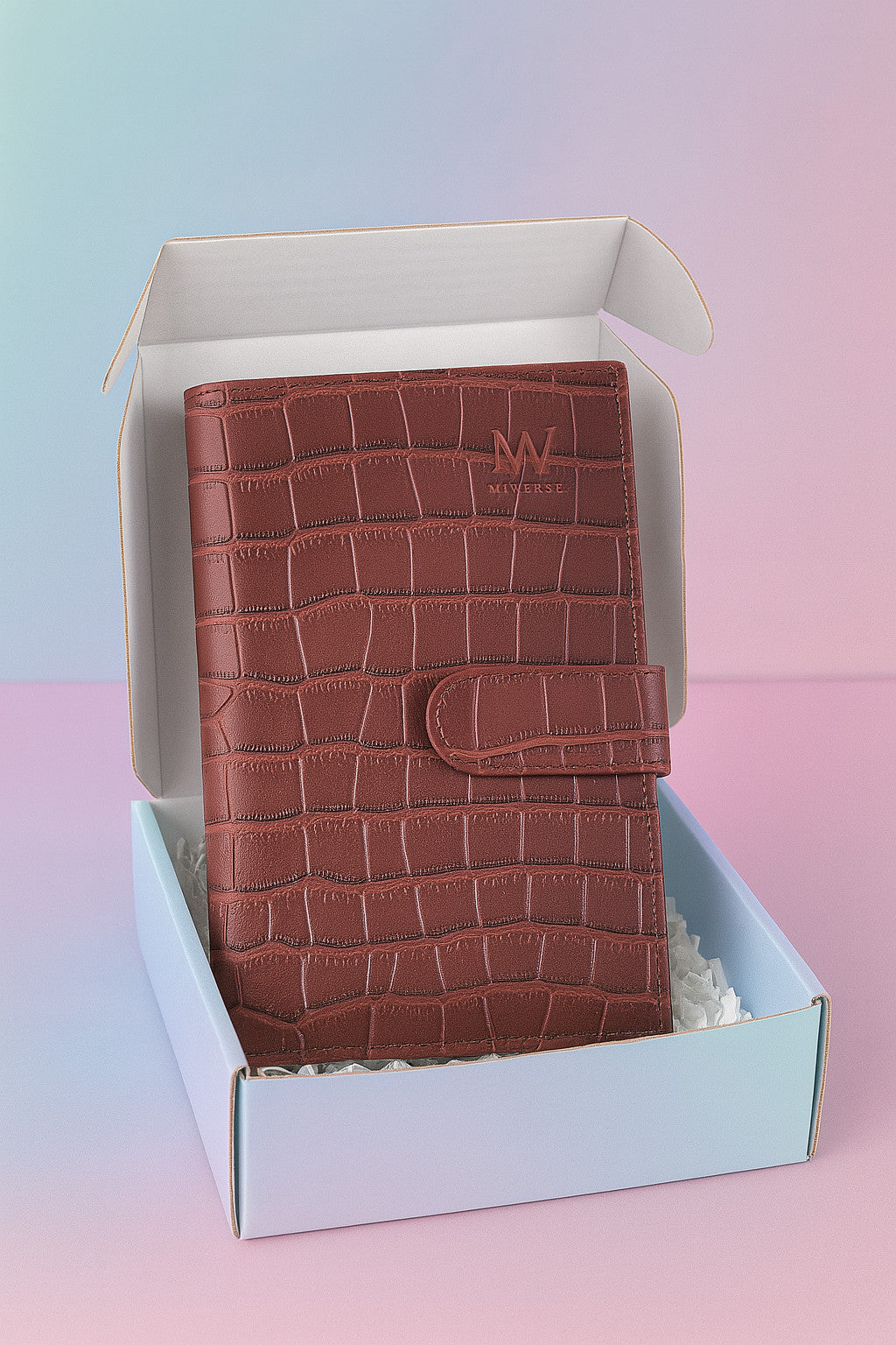 Burgundy croc-embossed leather travel clutch in gift box