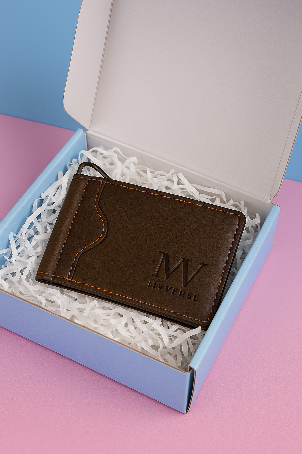 Brown leather wallet with MVVERSE logo in gift box