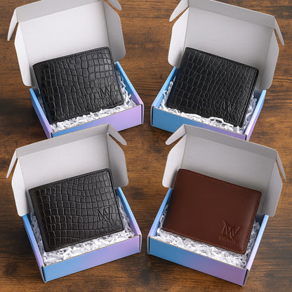 Four MYVERSE wallets with crocodile texture in gift boxes