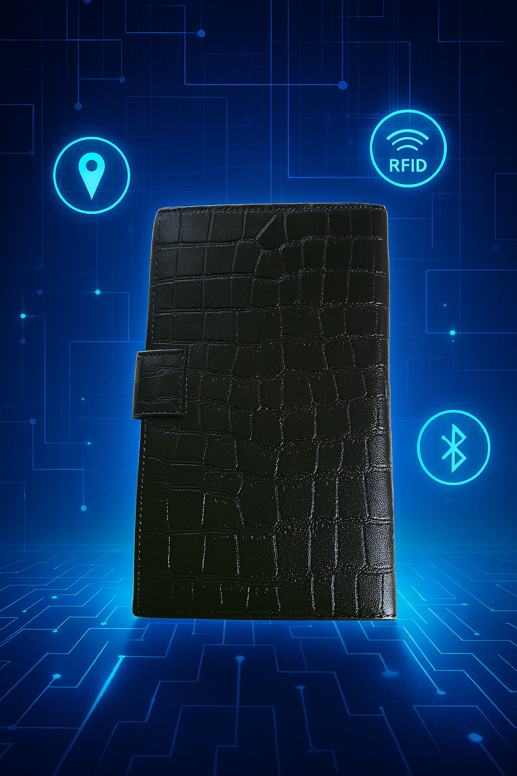 Croc-embossed leather travel clutch detail