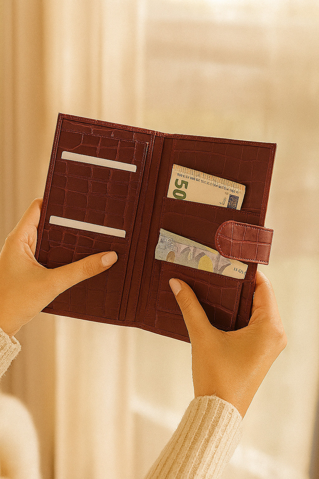 Croc-embossed leather travel clutch detail