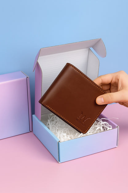 Brown leather wallet in gift box