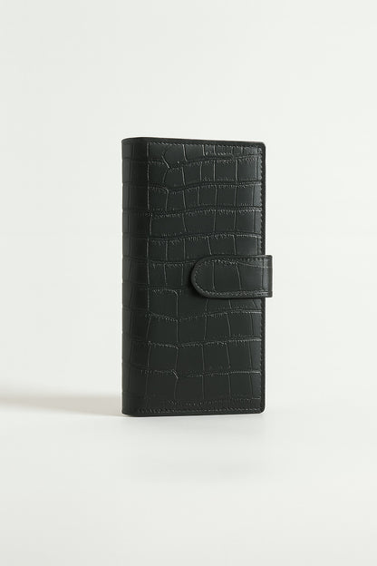 Croc-embossed leather travel clutch detail