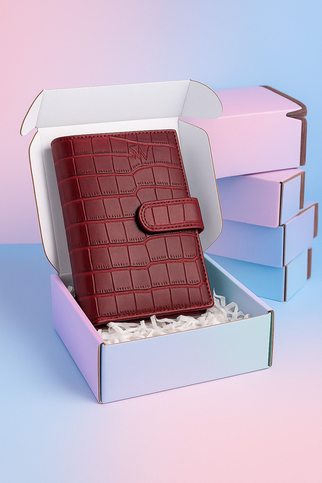 Croc-embossed leather travel clutch detail