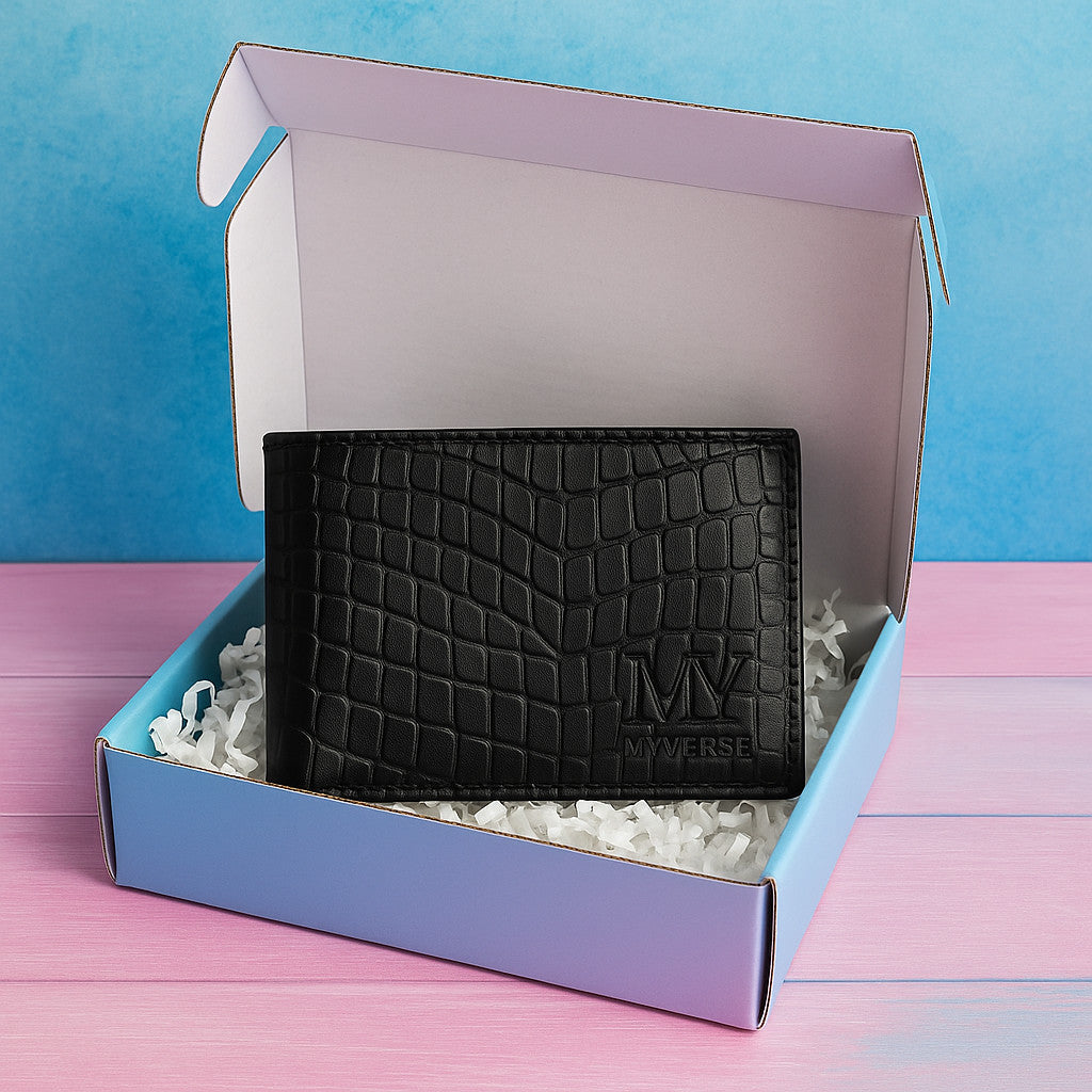 Black textured leather wallet in gift box
