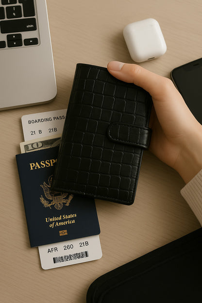 Croc-embossed leather travel clutch detail