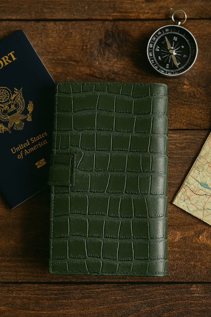 Croc-embossed leather travel clutch detail