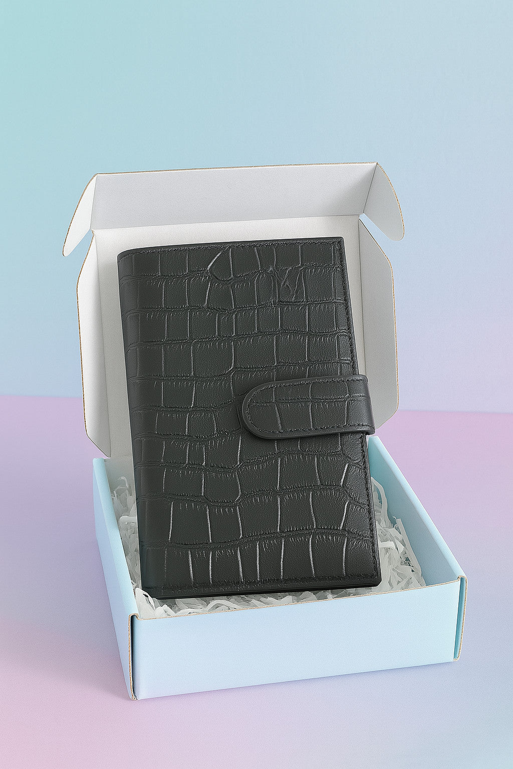 Black croc-embossed leather travel clutch in gift box